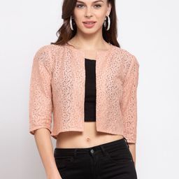 Style Quotient Women Nude-Coloured Self Design Open Front Cropped Shrug-21
