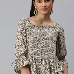 SHOWOFF Animal Printed Smocked Bell Sleeve peplum Top-picture-30