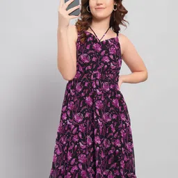 DressBerry Purple Floral Printed Tiered Shoulder Strap Georgette Maxi Dress-picture-26