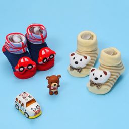 Yellow Bee Pack Of 2 Teddy & Car Applique Detailed Anti Skid Socks - Red & Beige-image-43