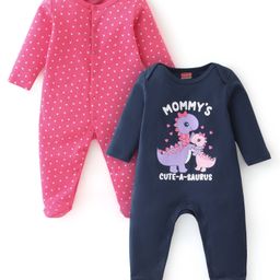 Babyhug Interlock Cotton Knit Full Sleeves Dino & Heart Print Sleepsuits Pack of 2 - Navy & Pink-image-44