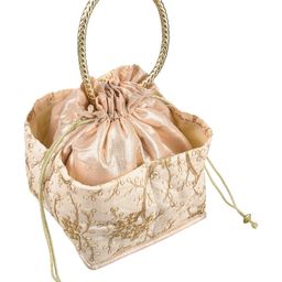 Kuber Industries Hand BagSilk Embroidery Drawstring BagTraditional Indian Handmade 5 Pocket Potli Bag with Golden Handle,Cream,-26