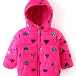 Babyhug Woven Full Sleeves Padded Hooded Jacket With Metallic Hearts Print - Fuchsia-image-44