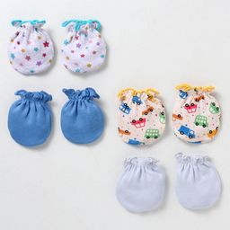 Ben Benny 100% Cotton Knit Mittens Solid Stars & Cars Print Pack of 4 - Blue & White-picture-26