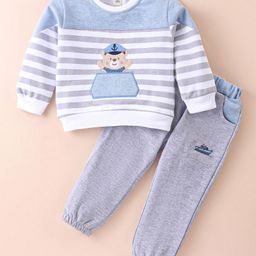 ToffyHouse 100% Cotton Knit Full Sleeves T-Shirt & Lounge Pants Set With Stripes & Teddy Embroidery - Light Grey-image-41
