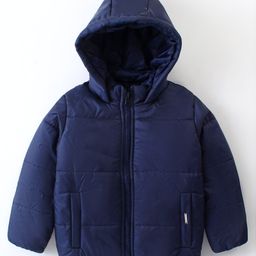 Yellow Apple Woven Full Sleeves Padded Hooded Solid Colour Jacket - Navy Blue-image-93