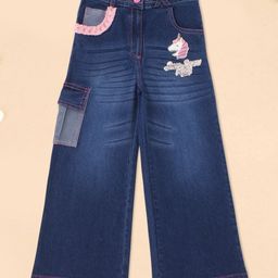 Cutecumber Denim Beads Embellished & Unicorn Patch Detailed Washed Jeans - Blue-image-19