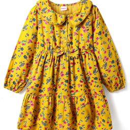 Babyhug Woven Full Sleeves Peter Pan Collard Frock with Floral Print & Bow Applique - Yellow-image-39