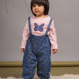 Budding Bees Cotton Birds Designed Dungaree With Full Sleeves Butterfly Designed Tee - Pink & Blue-image-57