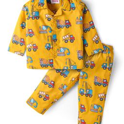 Babyhug Cotton Woven Full Sleeves Night Suit with Vehicle Print - Yellow-13