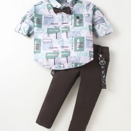 Dapper Dudes Full Sleeves Leaves Printed Shirt & Pant With Bow & Suspender Set - Green-picture-34