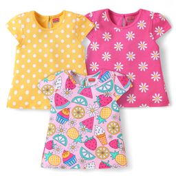 Babyhug Cotton Knit Cap Sleeves T-Shirts with Polka Dots & Floral Print Pack of 3 - Yellow Dark & Light Pink-image-56