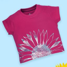 Kiddopanti Cotton Half Sleeves Floral Foil Printed Tee - Fuchsia Pink-image-87