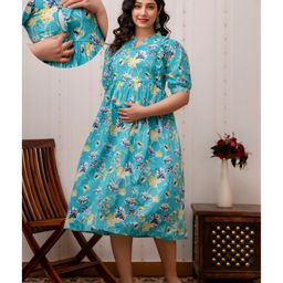 CeleBravo Cotton Half Sleeves Floral Printed Maternity Dress With Nursing Access - Teal Blue-image-76