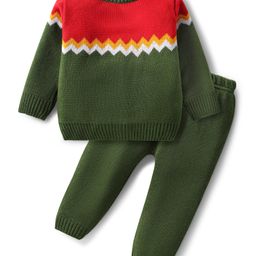 Babyhug Knitted Full Sleeves Sweater Set With Color Block Design - Dark Green & Orange-picture-0