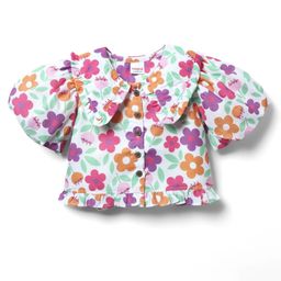 Babyhug Woven Half Puffed Sleeves Peter Pan Collared Top with Floral Print - White-image-63