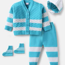 Babyhug Knit Full Sleeves Striped Front Open Sweater Set with Cap & Booties - White & Blue-image-98