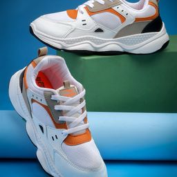 asian Colour Blocked Lace Up Shoes - White Black & Orange-image-2