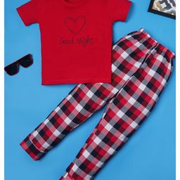 RAINE AND JAINE Cotton Knit Half Sleeves Good Night Text Printed & Checked Night Suit Set - Red & White-image-11