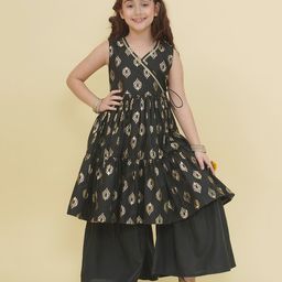 Bitiya By Bhama Cotton Woven Sleeveless Floral Foil Printed Lace Embellished Kurta Sharara Set - Black-image-1