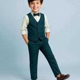 Pine Kids Knit Full Sleeves Solid 3 Piece Party Suit With Bow - Dark Green-picture-49