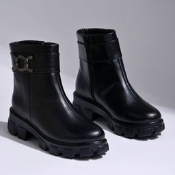 Shoetopia Abstract Applique Detailed Zipper Closure Boots - Black-image-54