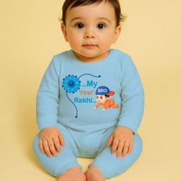 The Peppy Tend 100% Cotton Knit Raksha Bandhan Theme Full Sleeves My First Rakhi Text Printed Romper - Blue-image-40