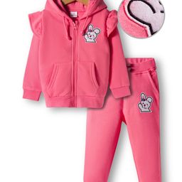 Mark & Mia Cotton Knit Full Sleeves Fleece Hooded Winter Wear Sweatshirts & Joggers Set with Bunny Patch Kangaroo Pocket & Frill Detailing - Pink-picture-11
