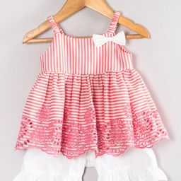 Hugsntugs Cotton Woven Sleeveless Striped & Schiffli Floral Embroidered Top With Shorts Set - Pink-image-97