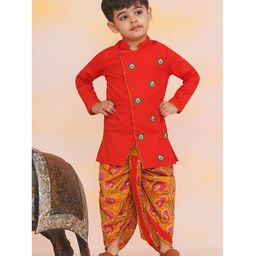 KID1 Cotton Woven Sleeveless Peacock Feather Embroidered & Floral Printed Dhoti Kurta Set - Red & Mustard-image-50