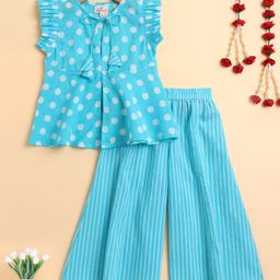 The Magic Wand Cotton Woven Frill Sleeveless Polka Dots Printed Top & Striped Palazzo Set - Turquoise-picture-2