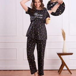Bella Mama Cotton Knit Half Sleeves Nursing Night Suit with Moon & Star Print - Black-picture-26
