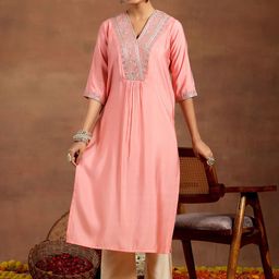 Libas Floral Yoke Design V-Neck Sequinned Straight Kurta-picture-10