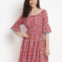 Porsorte Women Floral Print Boat Neck Lace Inserts Bell Sleeve Fit & Flare Dress-image-53