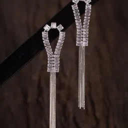 Voylla Rhodium-Plated Contemporary American Diamond Studded Drop Earrings-89
