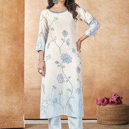 MOJILAA Floral Embroidered Thread Work Straight Kurta with Trousers-image-9