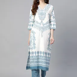 Readiprint Fashions Women White Floral Printed Mirror Work Pure Cotton Kurta with Trousers-picture-6