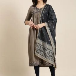 SHOWOFF Grey Embroidered Anarkali Kurta With Dupatta-20