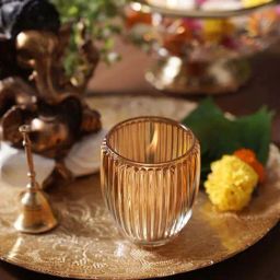 Pure Home and Living Light Amber Glass Ribbed Large Tealight Holders - Set of 2-image-9