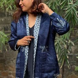 Chidiyaa Blue Sardi Ki Dhoop Dragonfly Mashru Silk Reversible Jacket-picture-4