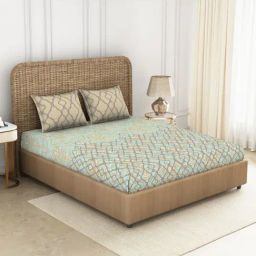 Spaces Blue 144 TC Cotton Printed Double Bed Sheet with 2 Pillow Covers-image-89