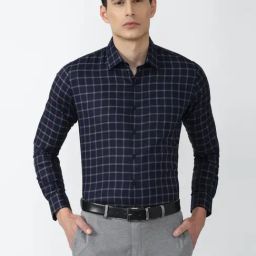 Van Heusen Navy Cotton Slim Fit Checks Shirt-picture-27