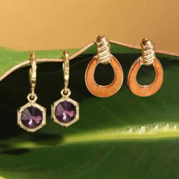 Zaveri Pearls Set of 2 Orange Purple Contemporary Party Studs & Drop Earrings-ZPFK17963-23