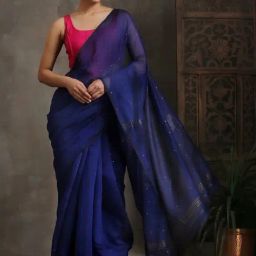 Triyah Blue Sequin Cotton Saree With Unstitched Blouse-picture-37