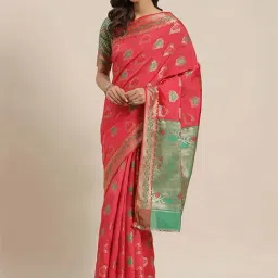 Blissta Coral & Green Woven Saree With Unstitched Blouse-picture-10