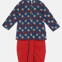 Campana Kids Navy & Red Cotton Printed Full Sleeves Kurta Set-picture-12