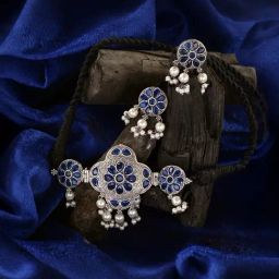 Saraf RS Jewellery Silver Oxidised Blue Stone Studded Tribal  Choker Jewellery set-11