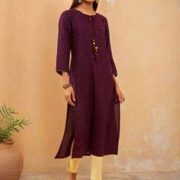 Soch Wine Rayon Sequin Embellished Round-Neck Straight Kurta-image-24