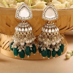 Zaveri Pearls Green Stones Cluster Beads Drop Jhumki Earring-ZPFK16595-3