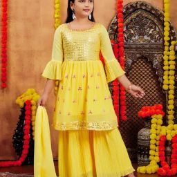 Aarika Girls Yellow Embroidered Kurti Set-image-25
